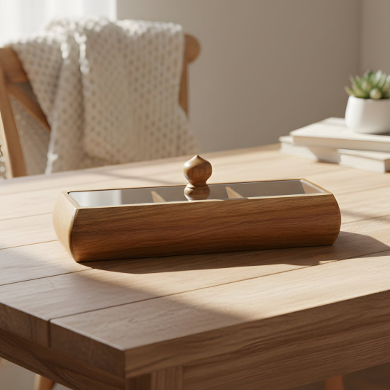 Wooden Three-Section Serving Platter with Acrylic Lid
